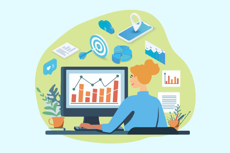 PCでデータを調べる女性